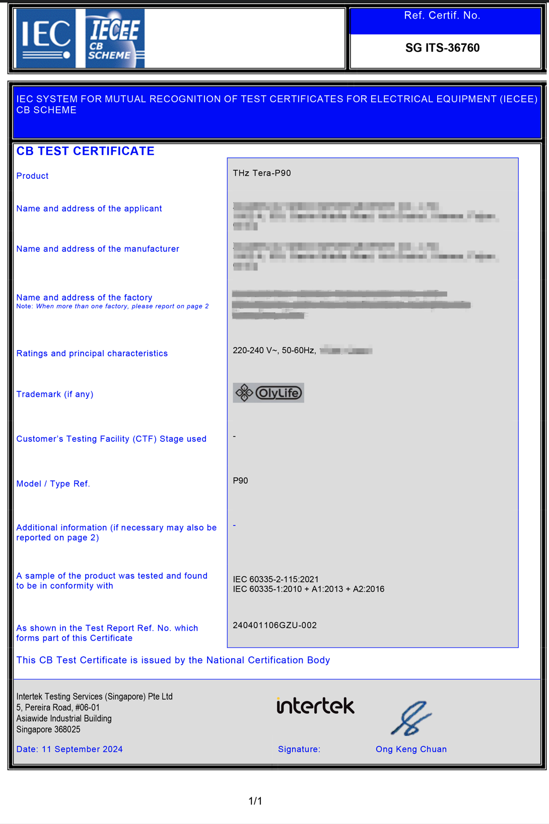 Intertek IEC CB test certificate for the OlyLife THz Tera-P90