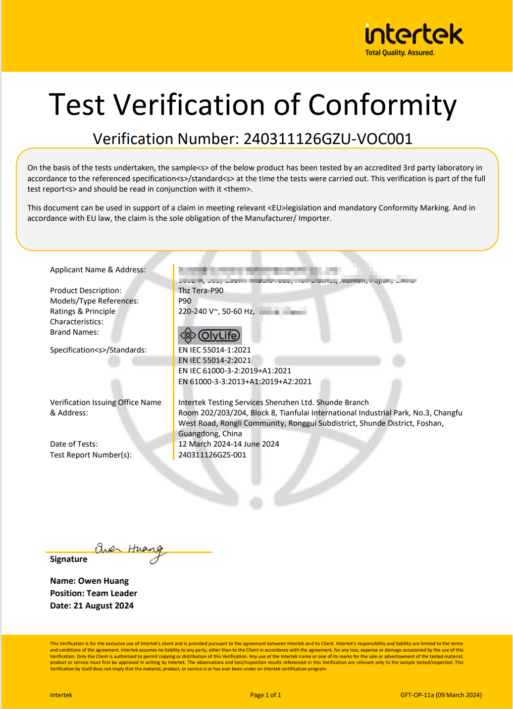Intertek CE electromagnetic compatibility (EMC) verification of conformity for the OlyLife THz Tera-P90
