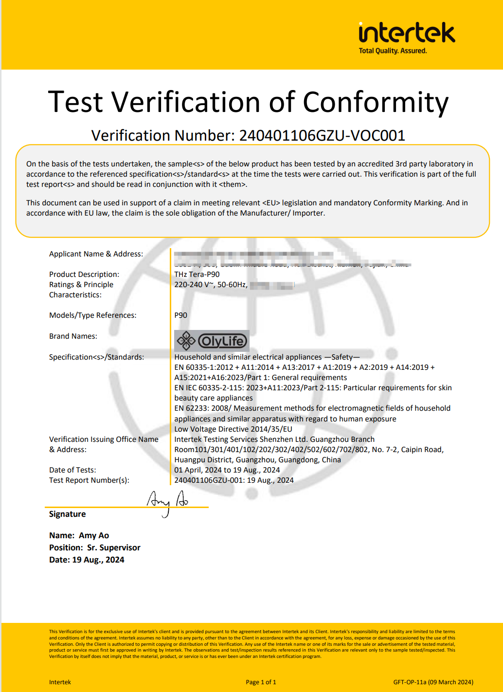 Intertek CE low-voltage (LVD) verification of conformity for the OlyLife THz Tera-P90
