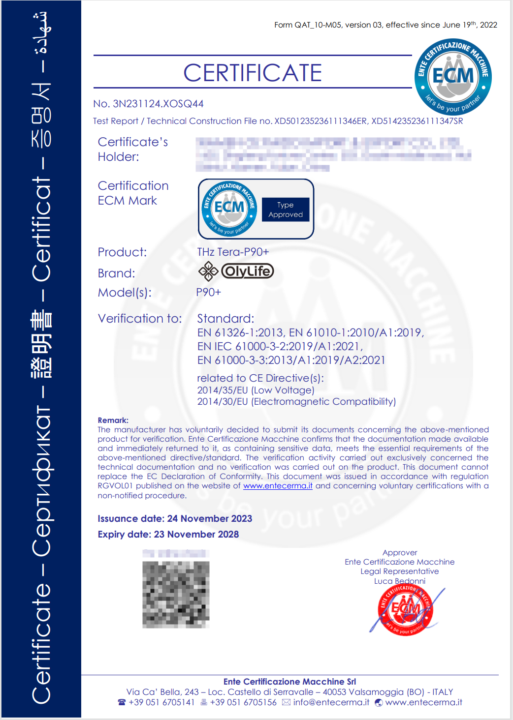 ECM Italy CE documentation verification for the OlyLife THz Tera-P90+