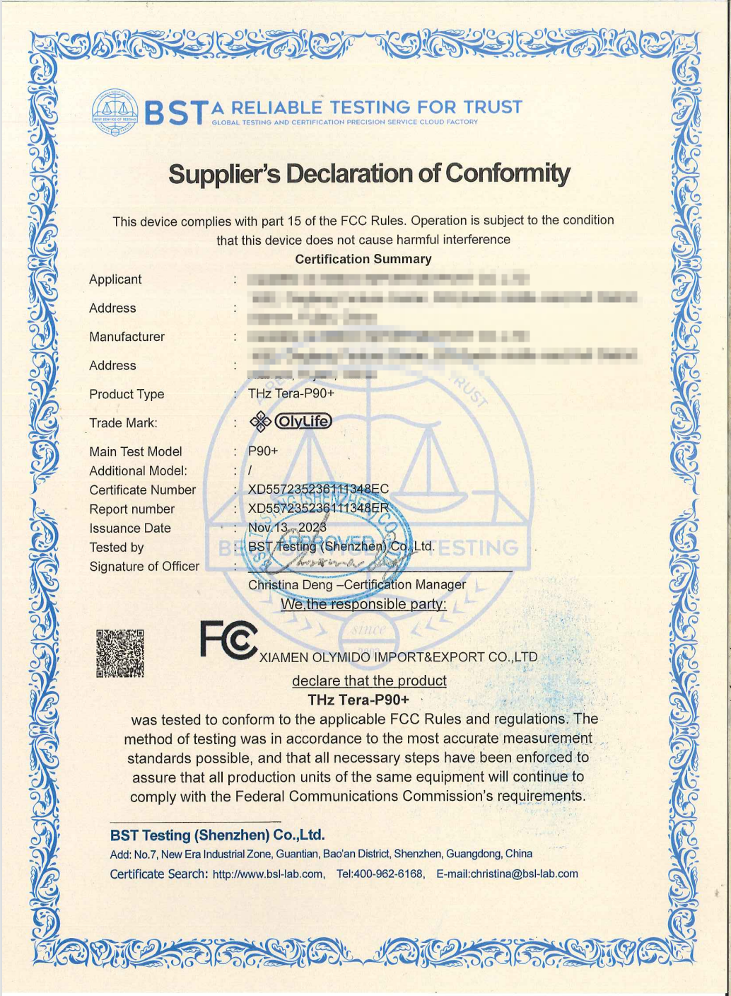BST Testing FCC Declaration of Conformity for the OlyLife THz Tera-P90+
