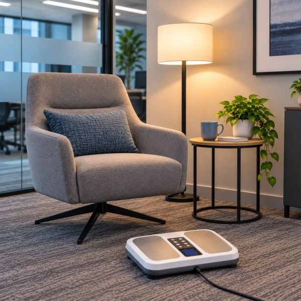 Corporate office wellness room with PEMF foot pad for relaxing and recovery